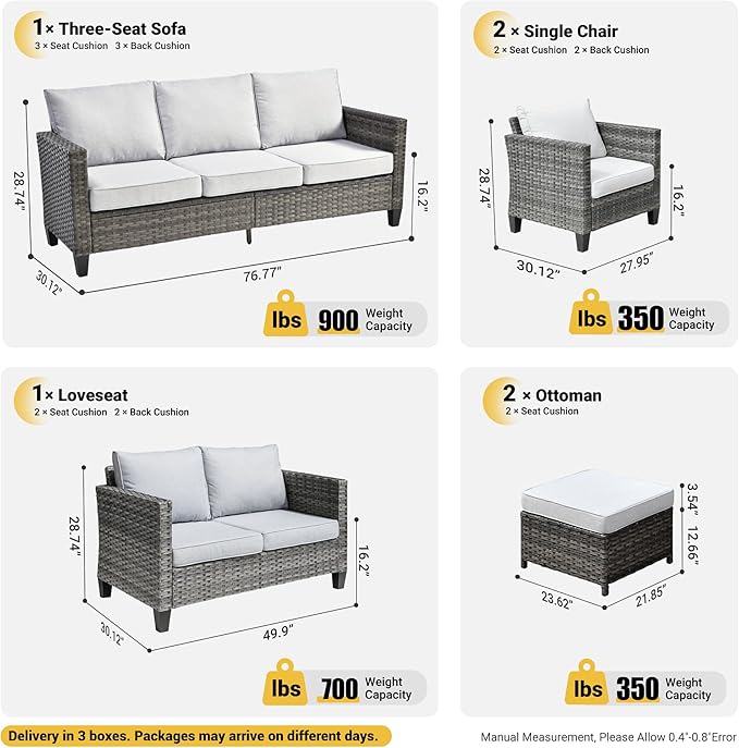 ovios 6 Pieces Patio Furniture Set, Outdoor Wicker Rattan Sofa Couch with Loveseat, Chairs, Comfy Cushions, Conversation Sets for Porch Deck Garden, Grey