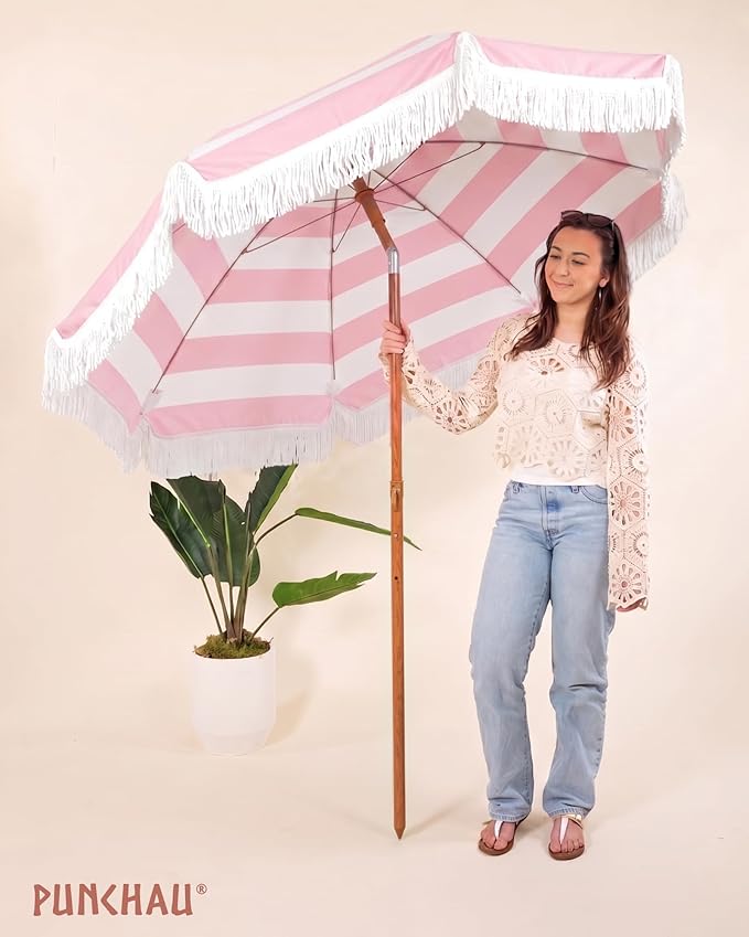 6 Ft Fringe Patio Umbrella - Outdoor Umbrella for Patio, Pool, Table, Garden, Deck, Beach, and Outdoors - Fashionable Boho Vintage Tassels & Wood Print - Push Button Tilt Pole