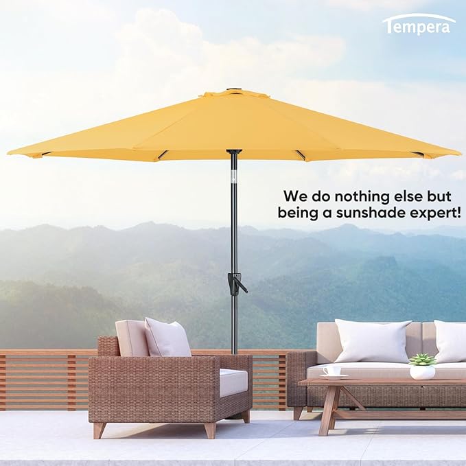 Tempera Patio Market Outdoor Table Umbrella with Push Button Tilt and Crank, Large Sun Umbrella with Sturdy Pole & Fade Resistant Canopy, Easy to Set