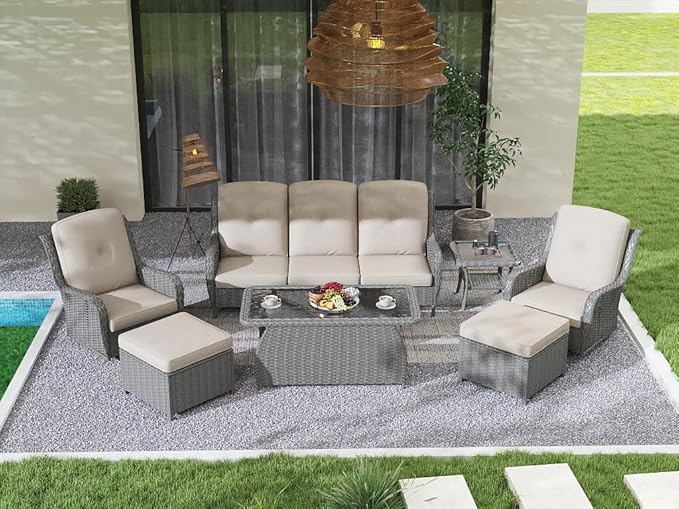 Kinsuite 7 PCS Patio Furniture Set, Outdoor Conversation Sets with Swivel Chairs & Ottomans, All-Weather Gray Wicker Sectional Sofa with Thicken Cushions for Garden, Lawn, Deck, Backyard, Khaki