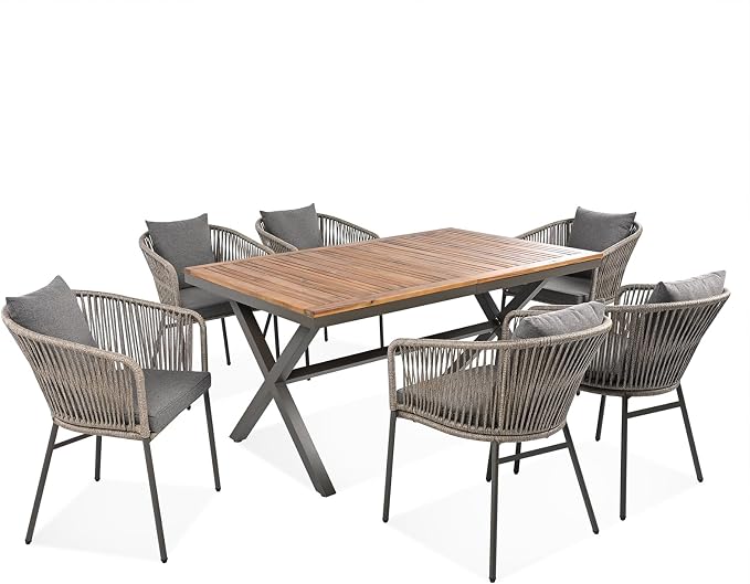 7PCS Outdoor Dining Set, Patio Table and Chairs Set for 6, Rope Weaving Patio Chairs with Thickened Cushions & Rectangular Dining Table with Metal Frame and Acacia Wood Tabletop, Gray