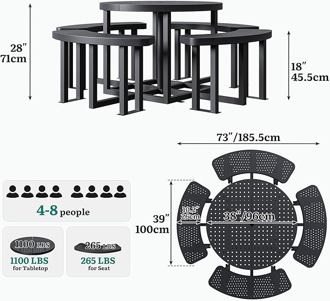 YITAHOME 38" Round Metal Picnic Table with Umbrella Hole, Q235 Carbon Steel Heavy Duty Outdoor Table, Black Industrial Patio Set for Backyard, Park, and Lawn
