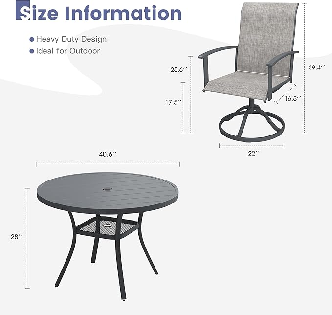 VICLLAX Outdoor Table and Chairs Set for 4, Patio Dining Set of 40.7" Metal Round Patio Table with Umbrella Hole & 4 Swivel Outdoor Dining Chairs for Backyard Lawn, Grey & Dark Grey