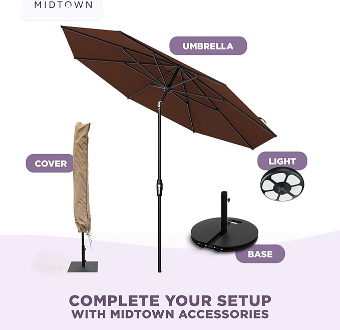 Midtown Umbrellas – The Swilt 10 Ft Patio Umbrella with 360° Swivel & Tilt Mechanism, Sunbrella Fabric & 8 Fiberglass Ribs – Outdoor Umbrella for Deck, Pool & Cafes – Bay Brown Canopy, Black Pole