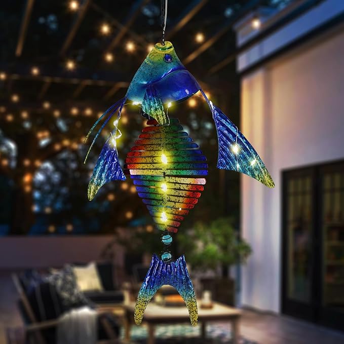 Fish Solar Outdoor Lights Hanging Lanterns Metal Decorative Lights for Backyard Porch Patio Yard Balcony Teepee Lawn Pathway…