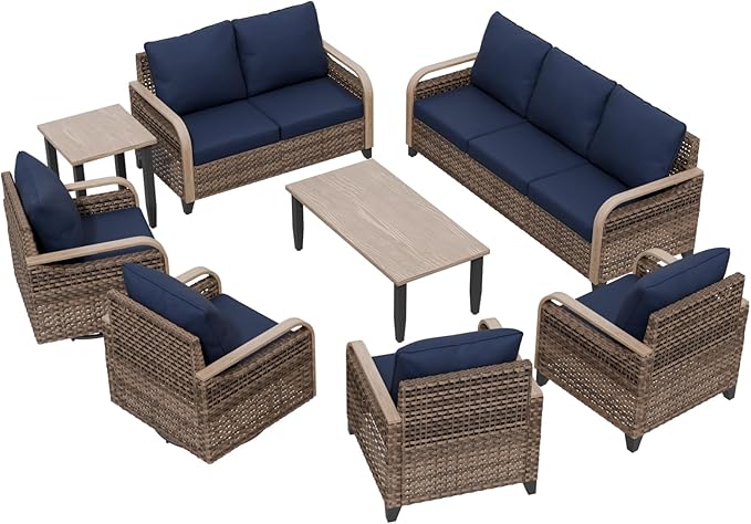 Modern Wicker Patio Furniture Set, Rattan Outdoor Conversation Set, 2 Patio Chairs, 2 Swivel Rocking Chairs, 3 Seat Couch, Loveseat, Coffee Table and Side Table, 8 Pieces, Brown/Blue