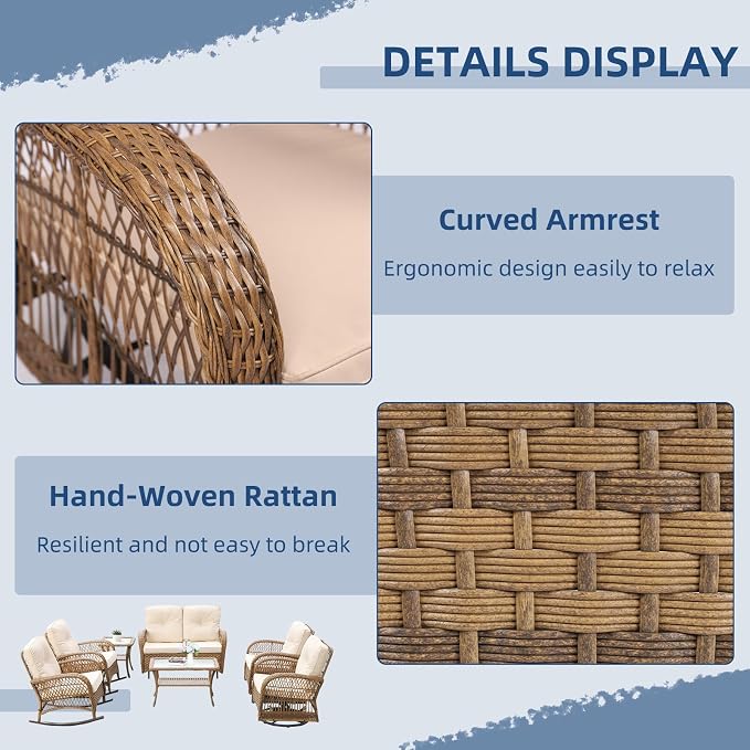 7-Piece Wicker Patio Furniture Sets Outdoor All-Weather Rattan Conversation Set Includes Glider Loveseat, 2 Glass-Top Coffee Tables, 2 Swivel-Rocker Chairs for Porch Backyard, Light Brown