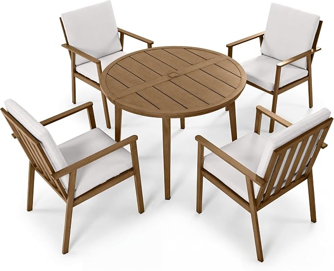 5-Piece Round Outdoor Dining Table Set, 41" All-Aluminum Round Outdoor Table with 4 Chairs, Rust-Resistant Faux Wood Grain Patio Table with Umbrella Hole for Garden, Backyard, Poolside, Teak