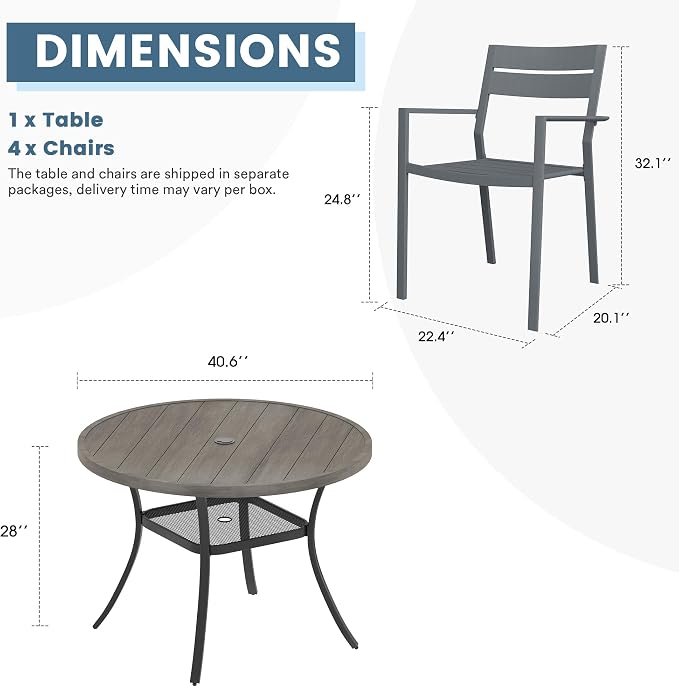 DIFY 5 Piece Outdoor Patio Dining Set for 4, Patio Table and Chairs Set with Umbrella Hole, 40.6" Round Dining Table and Stackable Metal Chairs for Backyard Garden Poolside, Grey Wood-Like & Grey