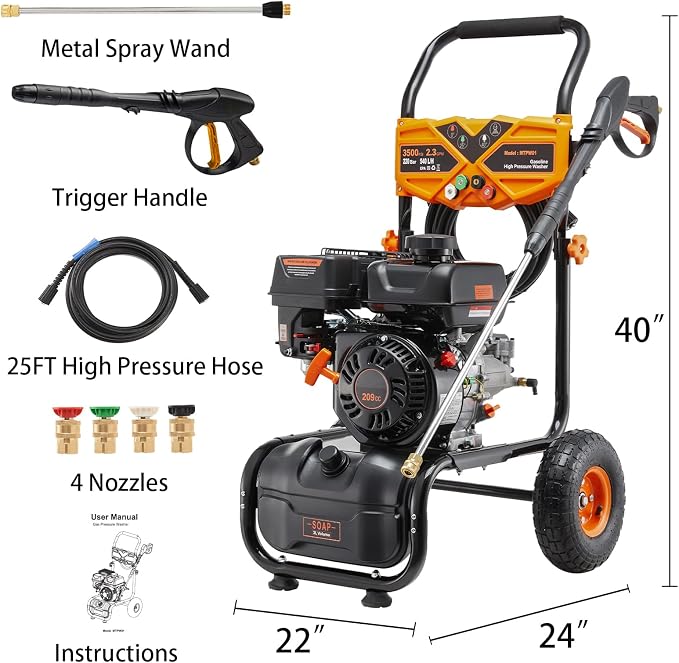 Gas Pressure Washer, 3500PSI 2.3GPM Gas Power Washer W/25FT Hose, 4 Quick-Connect Nozzles, Onboard Soap Tank, Portable Water Pressure Washers for Cars/Fences/Driveways/Homes/Patios/Furniture