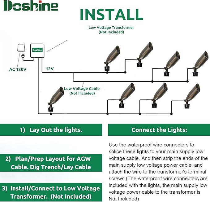 DOSHINE® Solid Brass Landscape LED Spotlights Outdoor Low Voltage Landscape Lighting AC/DC 12V Uplight Accent Light for Tree Garden Yard with Replaceable 5W 3000K Warm White 560LM MR16 Bulb (6-Pack)