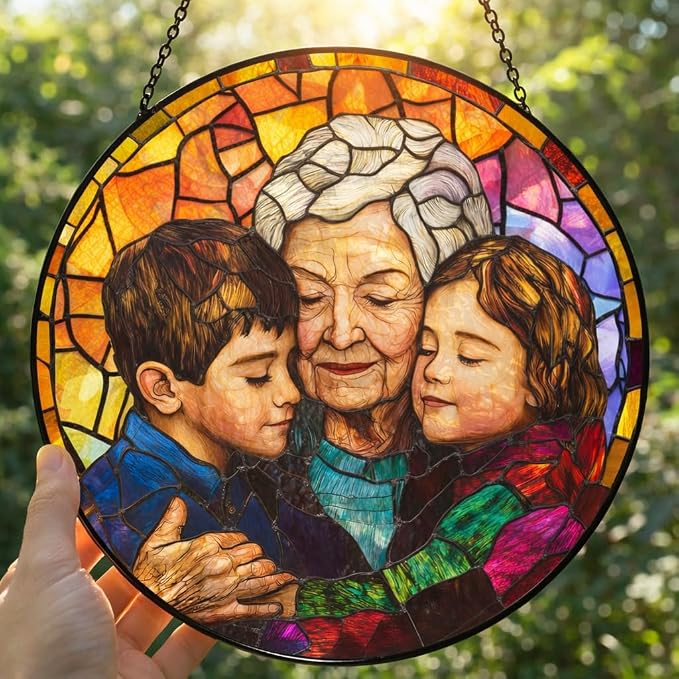 Custom Photo Stained Glass Window Hanging Suncatcher, Personalized Portrait Photo Style Family Picture Gift for Grandpa/Grandfather/Dad/Father, Custom Father's Day Birthday Decor
