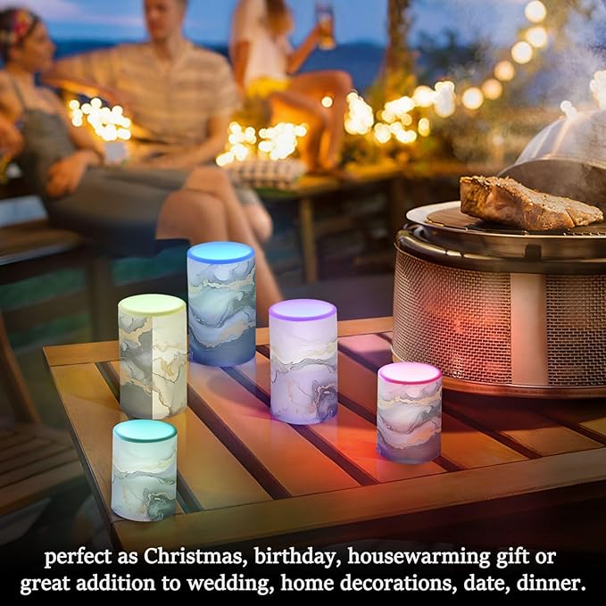 Black and Gold Marbled Pattern Flameless Candles Color Changing LED Candles with Remote Control Battery Candles for Outdoor and Indoor Home and Room Decoration, 3'' x 4''/5'' Set of 2 Pieces