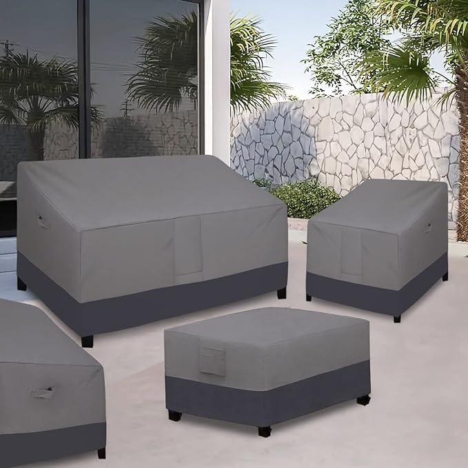 Easy-Going Patio Coffee Table Cover Small Outdoor Rectangular Table Cover, UV Resistant Waterproof Patio Furniture Ottoman Cover (42" Lx24 Wx16 H, Gray/Dark Gray)