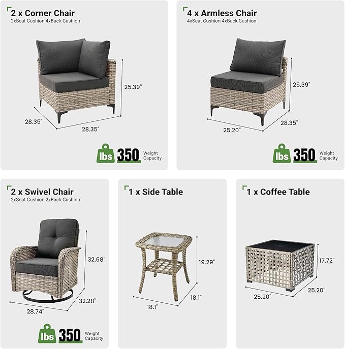 10 Piece Outdoor Patio Furniture with Swivel Rocking Chair, Rattan Wicker Conversation Set with Glowing Coffee Table, Sectional Single Chairs for Porch Balcony Backyard Pool,Black