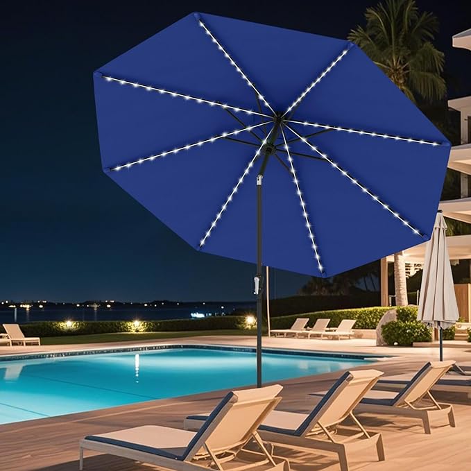 Tangkula 10 FT Solar Patio Umbrella, Outdoor Market Table Umbrella with 96 Multi-Colored Flowing LED Lights, 9 Modes, Tilt Adjustment, Crank Handle, 8 Ribs, Vented Top for Backyard Poolside Deck Lawn