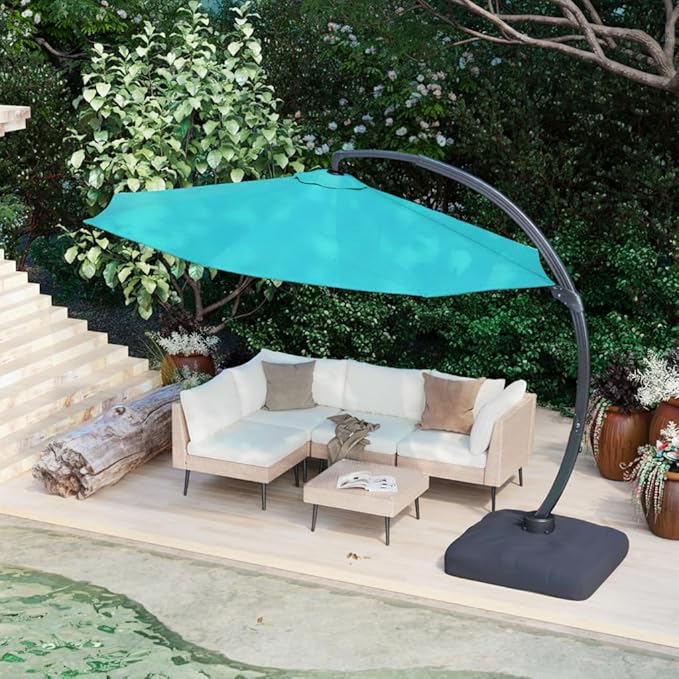 ENSTVER 11FT Cantilever Patio Umbrella With Base Included, Round Large Aluminum Outdoor Cantilever, Heavy Duty Offset Umbrella with 360°Rotation for Pool, Deck, Backyard, Garden(Lake Blue)