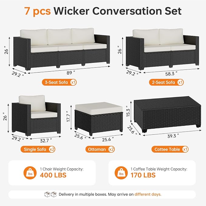 LazySunsets 7-Piece Outdoor Patio Furniture Set, Rattan Outdoor Sectional with Thick Waterproof Cushions, Wicker Ottomans & Waterproof Cover, Patio Conversation Set for Garden, Backyard, Beige