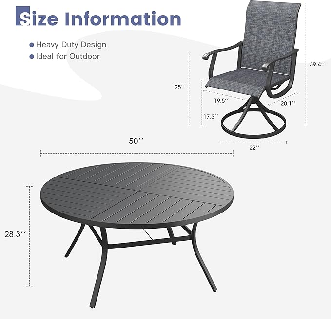 VICLLAX 7 Pieces Patio Dining Set, Patio Furniture Set of 6 Patio Swivel Dining Chairs and 50" Patio Spliced Round Tabletop, Dark Charcoal Chairs & Black Tabletop