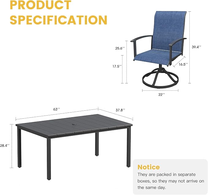 VICLLAX Outdoor Table and Chairs Set of 6, 7 Pieces Metal Patio Dining Set-63 Rectangle Dining Table and 6 Swivel Chairs for Deck, Lawn and Garden, Black Table and Blue Chairs