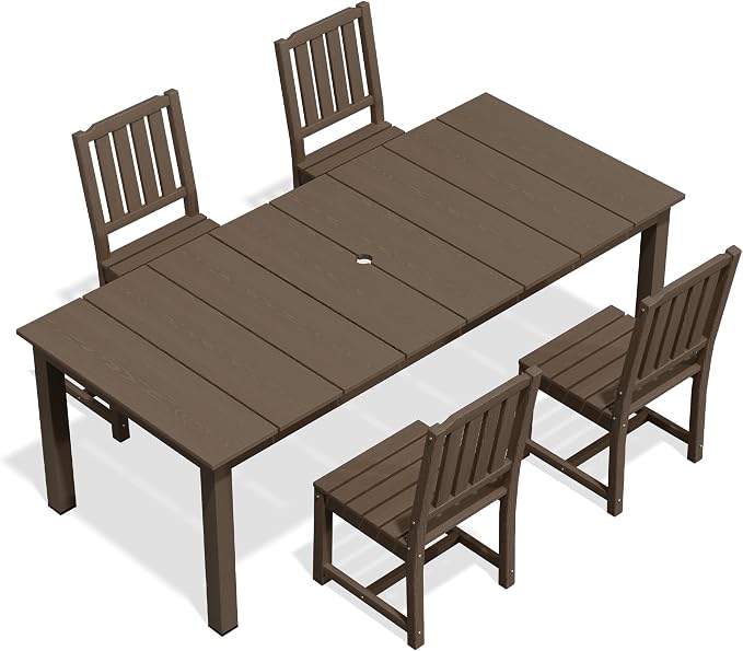 AreShark 5-Piece Outdoor Dining Set,HDPE Patio Table with 4 Armless Chairs,All-Weather Patio Furniture Set with Umbrella Hole,Low Maintenance Wood Grain Dining Set for Backyard,Garden,Poolside,White