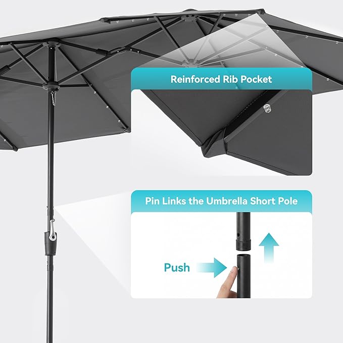 COSIEST 13FT Patio Umbrella with Solar Lights, Outdoor Double-Sided Table Umbrella,Large Rectangular Market Umbrella w Crank Handle for Garden, Pool, Deck Shade, Dark Gray