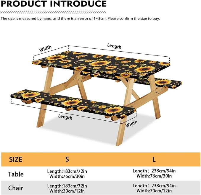 Sunflower Leaf Picnic Table Cover with Bench Covers Waterproof Rectangle Tables Patio Tablecloth Camping Gear and Essentials Rv Accessories Road Trip Supplies Car Travel Must Haves