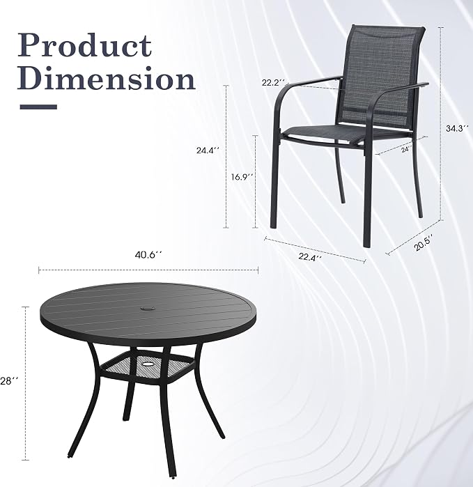 5 Pieces Outdoor Dining Set, Stackable Textilene Patio Chairs & 40.6" Round Dining Table with Umbrella Hole and Shelf, Patio Dining Set for Backyard, Deck, Garden, Grey & Black