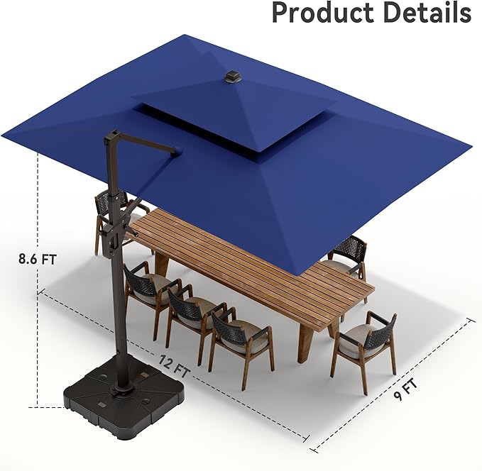 9' X 12' Cantilever Patio Umbrella with Led Lights Double Top Rectangular Outdoor Large Offset Umbrellas with 7 Tilts Adjustable 360°Rotation for Deck Pool Garden Backyard, Navy