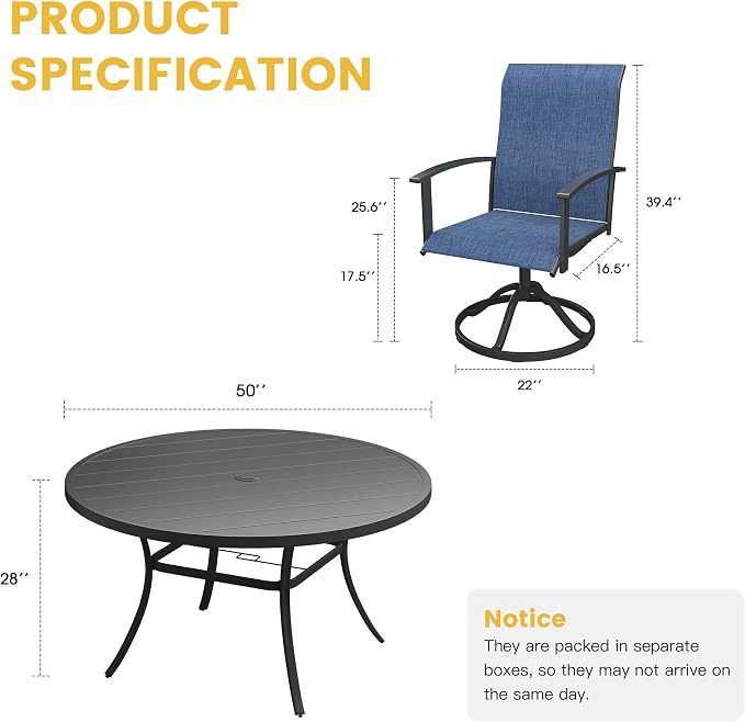 VICLLAX 7 Pieces Patio Dining Set, Outdoor Dining Set for 6-50" Round Outdoor Table and Swivel Patio Chair Set for Deck, Lawn and Garden, Walnut Table and Mixed Brown Chairs