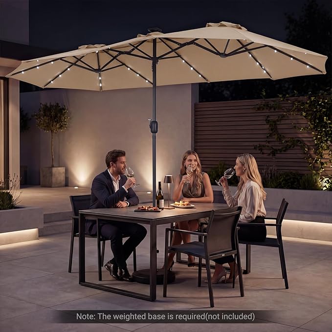 Tangkula 13 Ft Solar Patio Umbrella, Double-Sided Extra Large Outdoor Market Table Umbrella with 36 LED Lights, Crank Handle, 12 Sturdy Ribs for Poolside, Garden & Backyard (Tan)