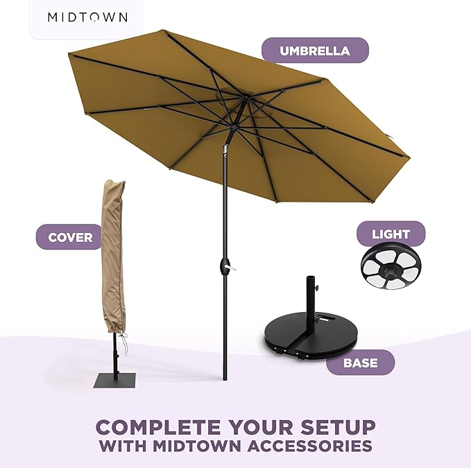 Midtown Umbrellas 10-Year-No-Fade - 8 Ft - UV Proof Sand (Tan) Polyester Fabric - Umbrella Outdoor Patio, Auto-Tilt Aluminum Frame Patio Umbrella for Garden, Pool & Deck - Black Pole