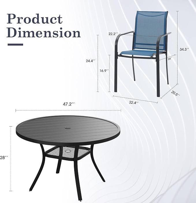 7 Pieces Outdoor Dining Set, Stackable Textilene Paito Chairs & 47.2" Round Dining Table with Umbrella Hole and Shelf, Patio Dining Set for Backyard, Deck, Garden, Dark Blue & Black
