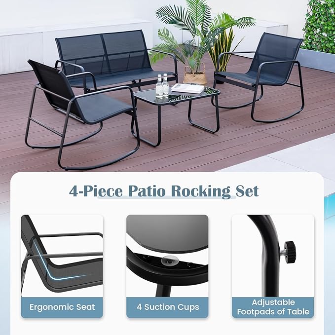 Tangkula 8 Piece Rocking Patio Furniture Set, 4 Rocking Chairs & 2 Loveseat with Glass-Top Table, Patio Rocking Set with Smooth Rocking Motion, Outdoor Rocker Conversation Set for Porch, Yard