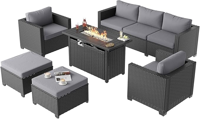 Aoxun Patio Furniture Set with Fire Pit Table, 6 Piece Outdoor Furniture Set with Wicker Ottomans, Rattan Outdoor Sectional Sofa with Thickened Cushion & Waterproof Cover Grey
