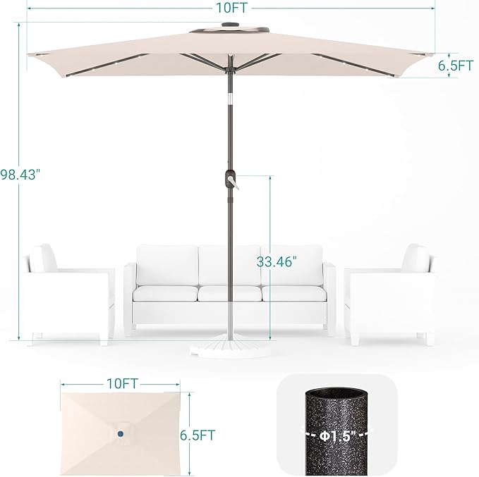 Rectangle Patio Umbrella with Solar Lights, 10 x 6.5ft Rectangular Outdoor Umbrella Table Market Patio Umbrella with Push Button Tilt and Crank for Garden, Deck, Backyard, Pool
