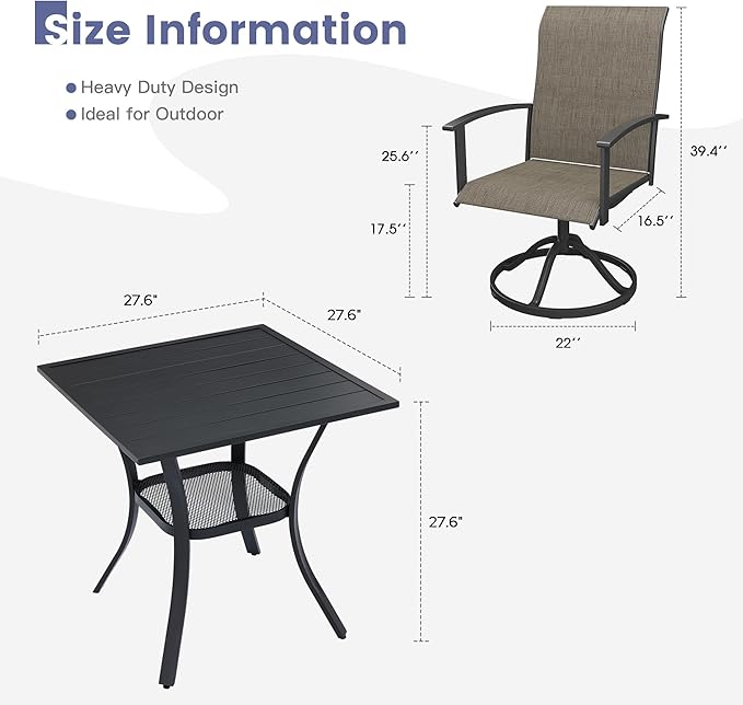 VICLLAX Outdoor Table and Chairs Set for 2, Small Patio Dining Set with 27.5" Metal Square Patio Table & 2 Swivel Outdoor Dining Chairs for Backyard Lawn Porch Garden, Mixed Brown & Black