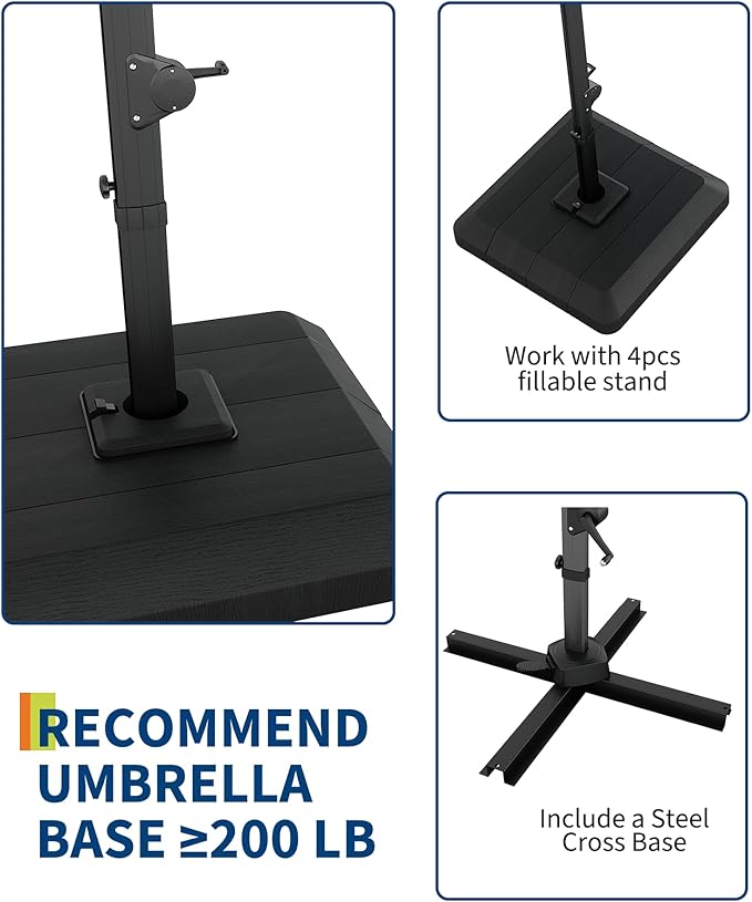 GarveeLife 10 ft x 10 ft Heavy Duty Cantilever Patio Umbrella with Solar LED Lights & Weighted Base, 2-Tier Square Aluminum Offset Umbrella with 360-Degree Rotation for Backyard, Deck, Pool, Blue
