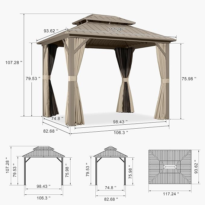PURPLE LEAF 8' x 10' Hardtop Gazebo, Champagne Outdoor Aluminum Gazebo with Galvanized Steel Double Roof, Curtains and Netting for Patio Lawn and Garden