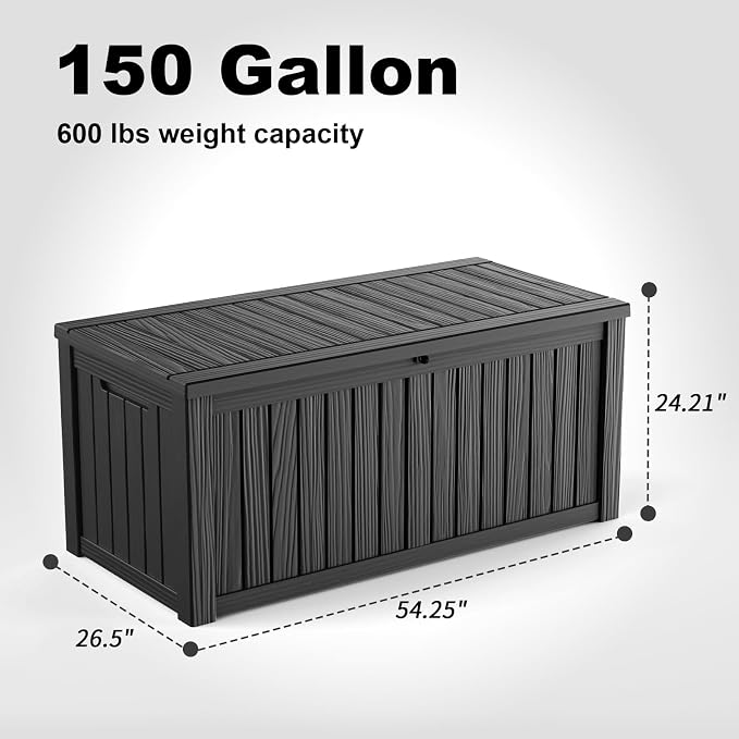 Outdoor Waterproof Resin Storage Deck Box Lockable Outside Bench UV Resistant Bin Patio Porch Furniture Pool Float Garden Tool Cushion (Black, 150 Gallon)