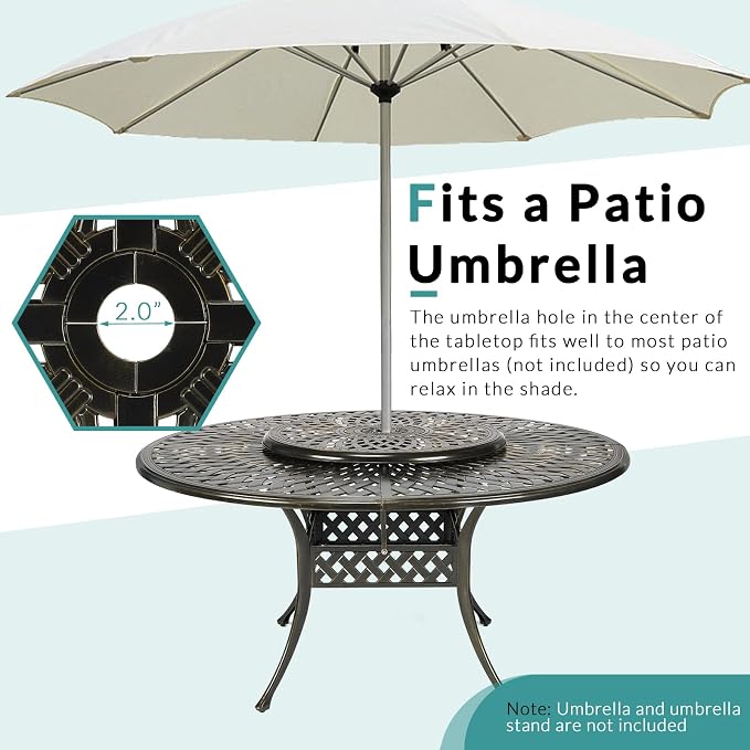 MEETWARM 9-Piece Outdoor Patio Dining Set, All-Weather Cast Aluminum Patio Conversation Set- 8 Cushioned Swivel Rocker, 61" Round Patio Dining Table w/Detachable Lazy Susan/Umbrella Hole, Navy Blue