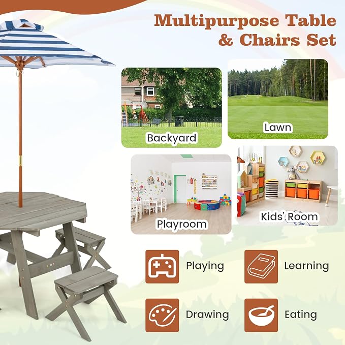 KOTEK Kids Picnic Table, Fir Wood Foldable Toddler Octagon Table and Chairs with Height Adjustable Umbrella, Indoor Children Art Play Table, Activity Kids Outdoor Table for Backyard & Patio (Grey)