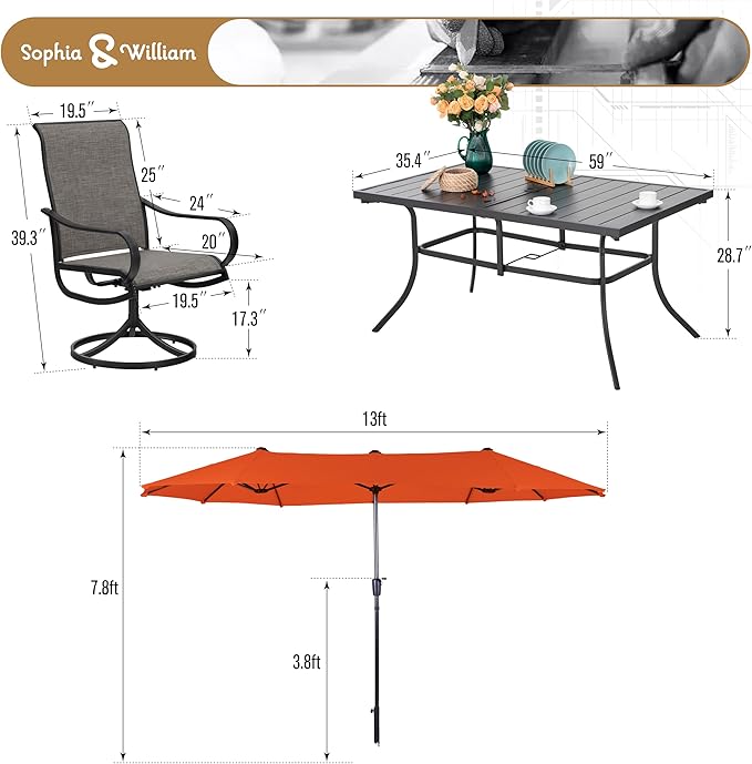 Sophia & William Patio Set with Umbrella 8 Pieces Outdoor Dining Set for 6 with 13ft Large Patio Umbrella Red, 6 x Swivel Patio Chairs with 59" Dining Table for Lawn Garden