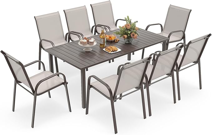 HAPPATIO Outdoor Patio Dining Set, 8 Quick Dry Textilene Dining Chairs and Dining Table with Umbrella Hole, Stackable Textilene Chairs for Garden, Patio and Poolside Backyard, Light Grey