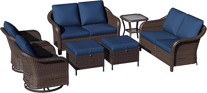 7 Piece Patio Wicker Conversation Set, 2 All-Weather Use Outdoor Wicker Loveseat with 2 PE Rattan Ottomans,2 Swivel Chair, 1 Side Table, Ideal for Porch, Backyard, Balcony, Poolside, Blue