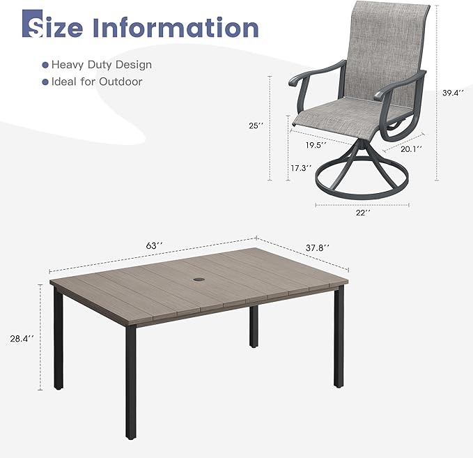 VICLLAX 7 Pieces Patio Dining Set, Patio Furniture Set of 6 Patio Swivel Dining Chairs and Rectangular Patio Table, Grey Chairs & Antique Grey Tabletop