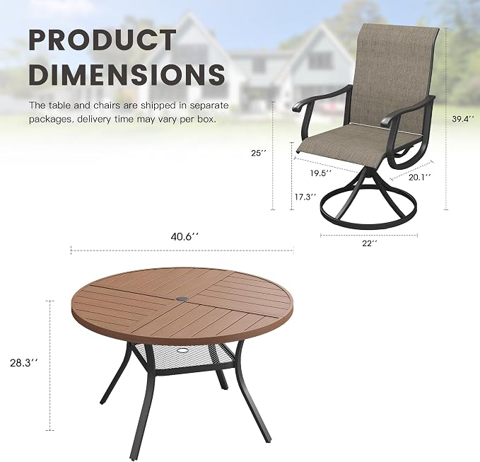 Outdoor Dining Set for 4, 40.7" Metal Round Outdoor Dining Table with Umbrella Hole and Sling Patio Swivel Chairs, 5 Pieces Patio Table and Chairs Set for Garden, Mixed Brown and Walnut