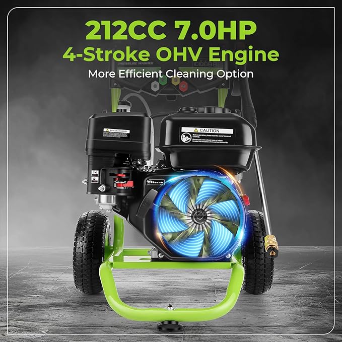 Professional 4200PSI 4GPM 212CC Gas Pressure Washer, 7.0HP Heavy-Duty 3600RPM Commercial Gas Power Washer with 1000ML Foam Bottle 9" Wheels 5 Nozzles 25FT Hose (EPA/CARB/ETL Compliant), Green