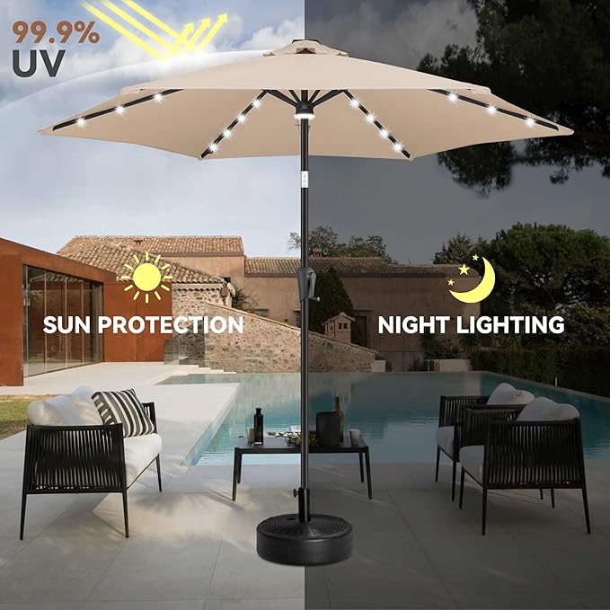 10FT Solar Patio Umbrella - Outdoor Umbrella with Centre Surround Light 24 LED Lights, Market Table Umbrella with Tilt for Pool, Porch, Garden, Deck, Backyard UV Protection (Beige)