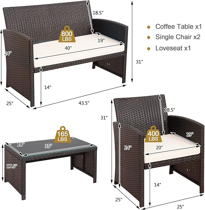 HAPPYGRILL Set of 4 Rattan Conversation Set Outdoor Wicker Furniture Set with Tempered Glass Coffee Table, Soft Cushions, Weather-Resistant Rattan Chair Set for Garden Backyard Poolside